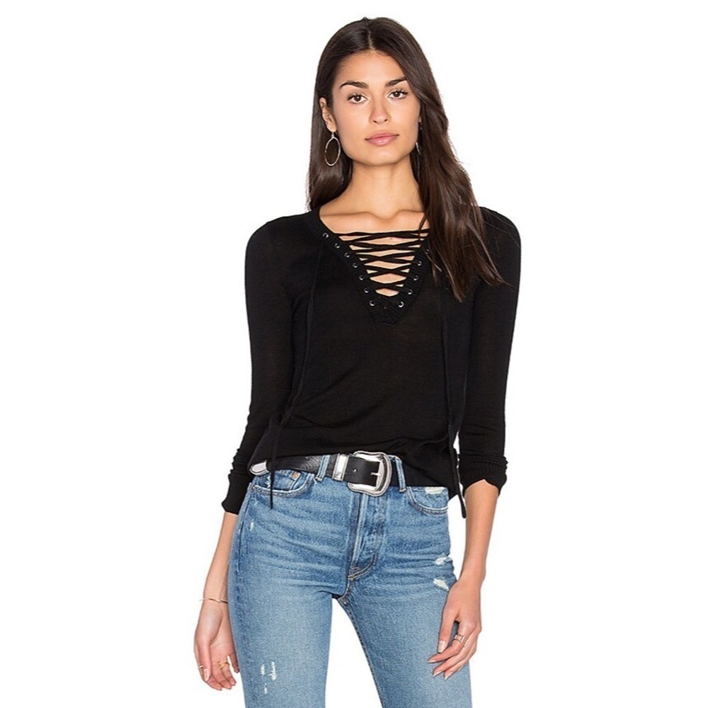 ROI Revolve Distressed Black Silk Cashmere Lace Up Long Sleeve Sweater Size XS